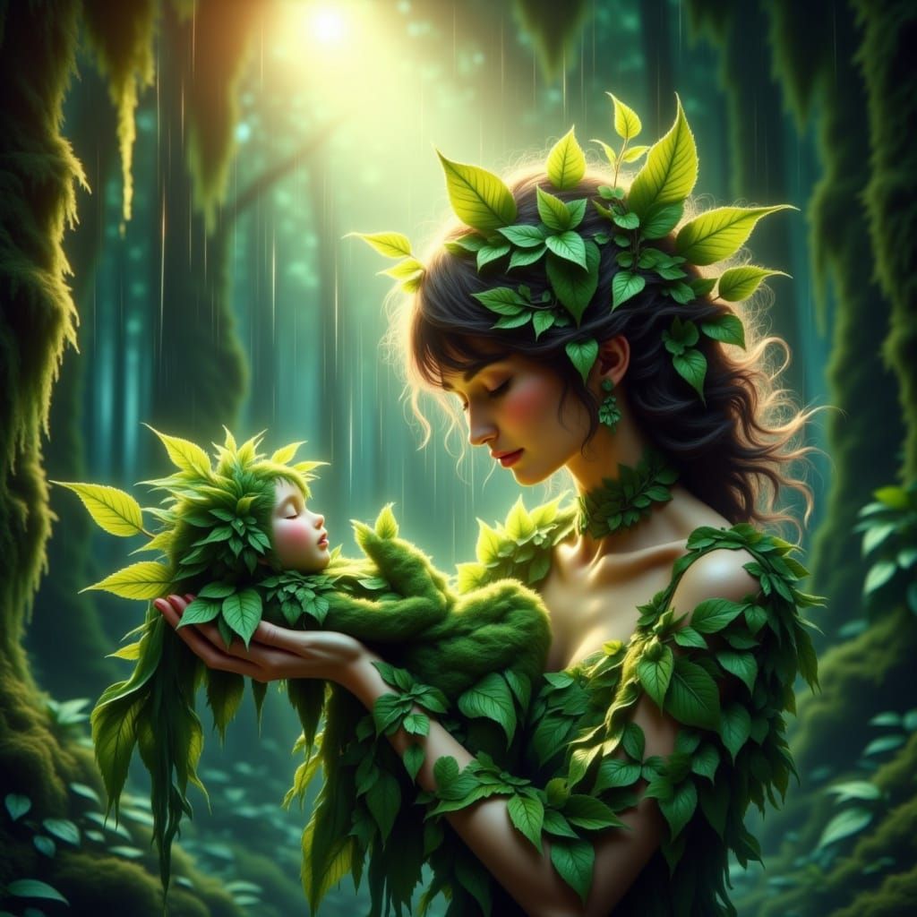 A delicate fantasy creature composed of lush leafy-green foliage, rests serenely in the gentle cradle of a pretty woman's hand, her own brow...