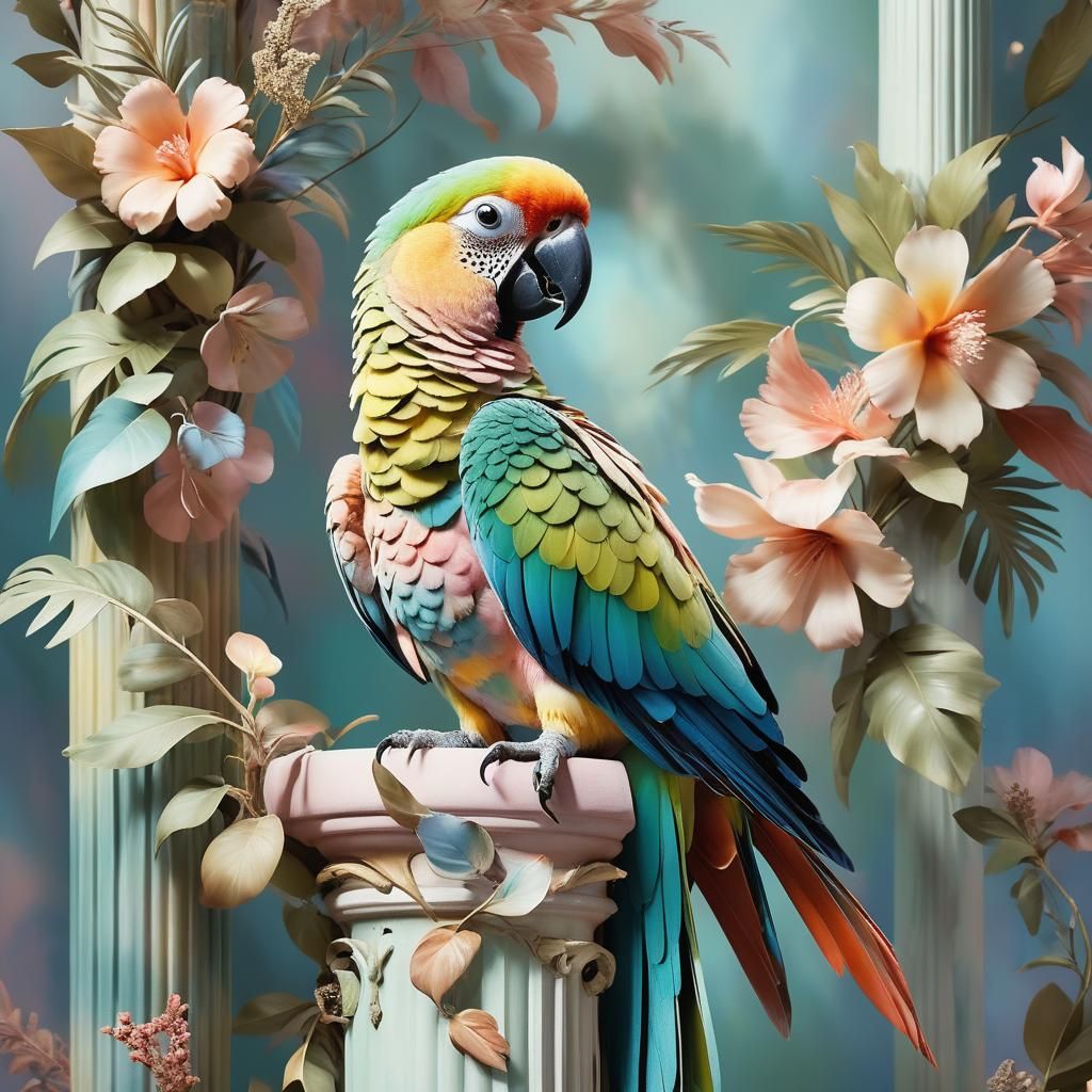 A pastel-colored parrot in the style of floral surrealism, r...