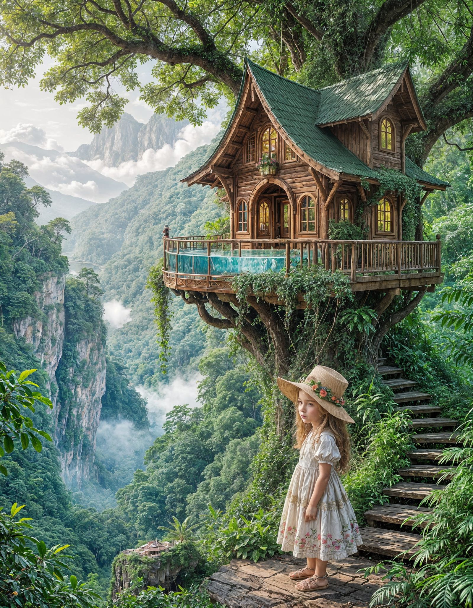 A 4-year-old girl with honey-colored eyes, a flowered hat, and traditional dress stands next to him.A ...  by @Naghshe Jahan