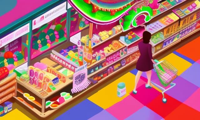 A woman shopping in the supermarket full of products hyperde...