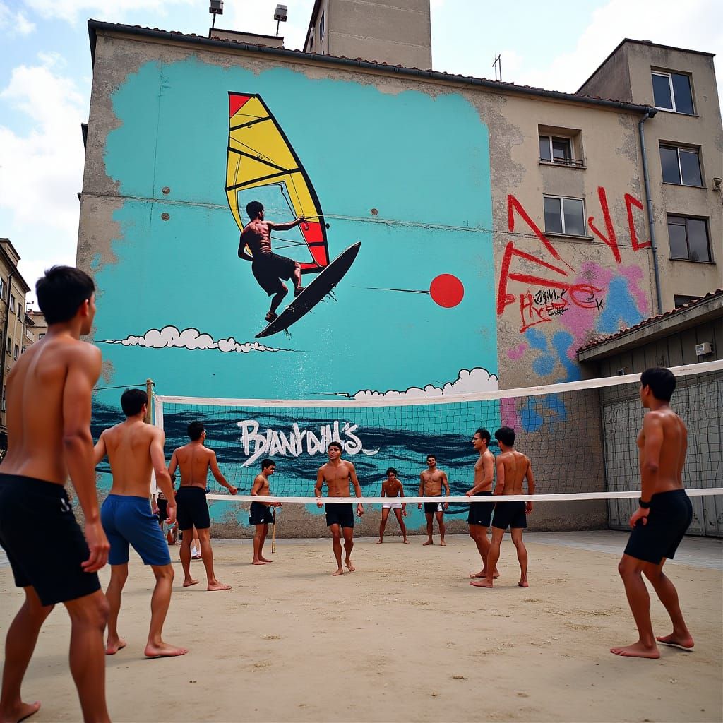 A vibrant street mural by Banksy, set against a gritty urban backdrop