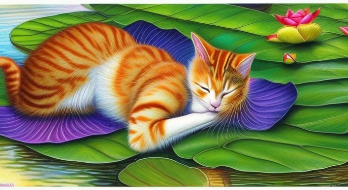 cute cat sleeping on lotus leaf floating on water, Lily Seik...