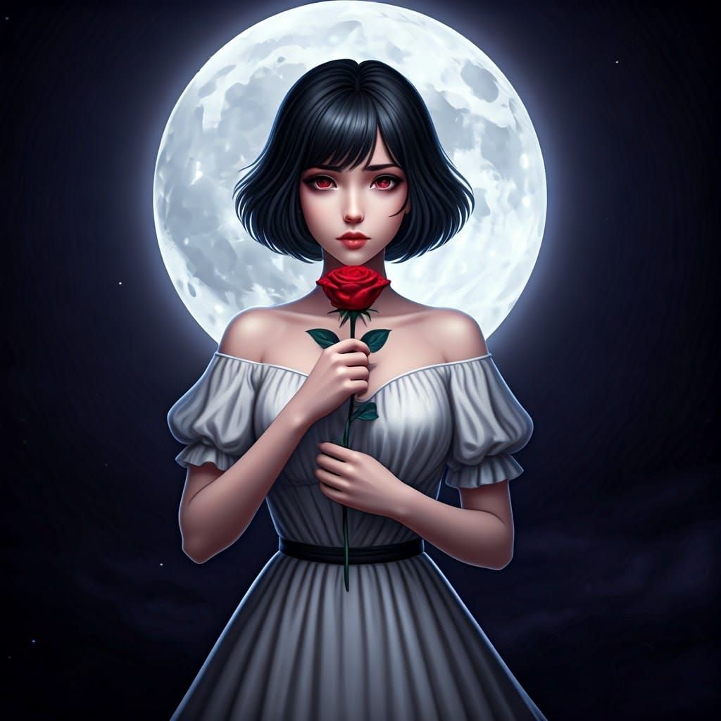 Melancholic Anime Goddess Under Full Moon