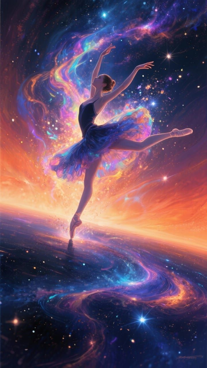 A solitary ballet dancer mid-leap on a cosmic stage, her form dissolving into stardust and nebulae.