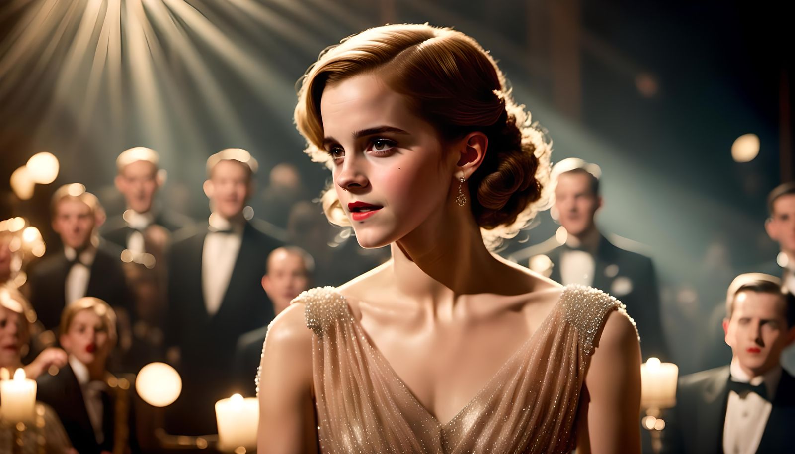 Emma Watson, as a singer in an evening gown in an exclusive 1940s club
