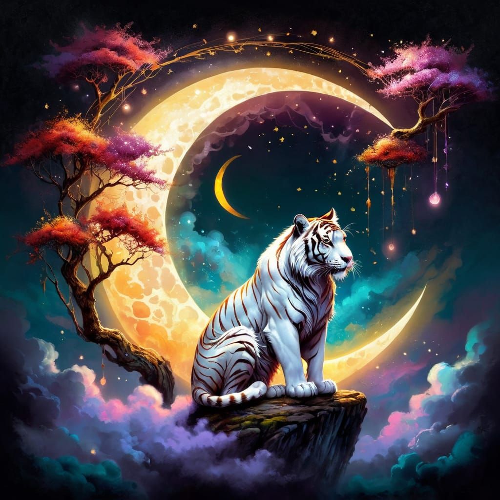 White tiger sitting on a crescent moon that is is engulfed with clouds #2