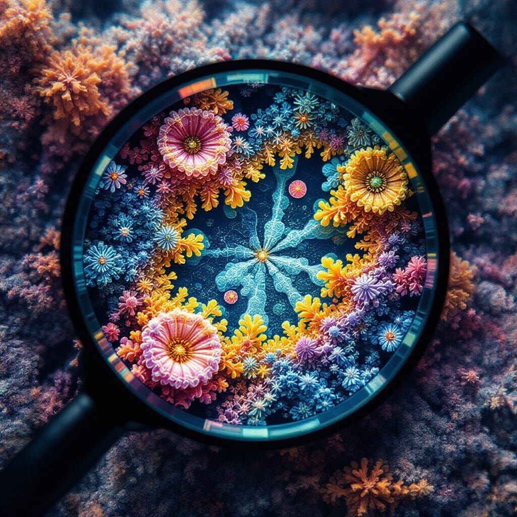 Microscopic Neon Organisms in an Abstract Geometric Style
