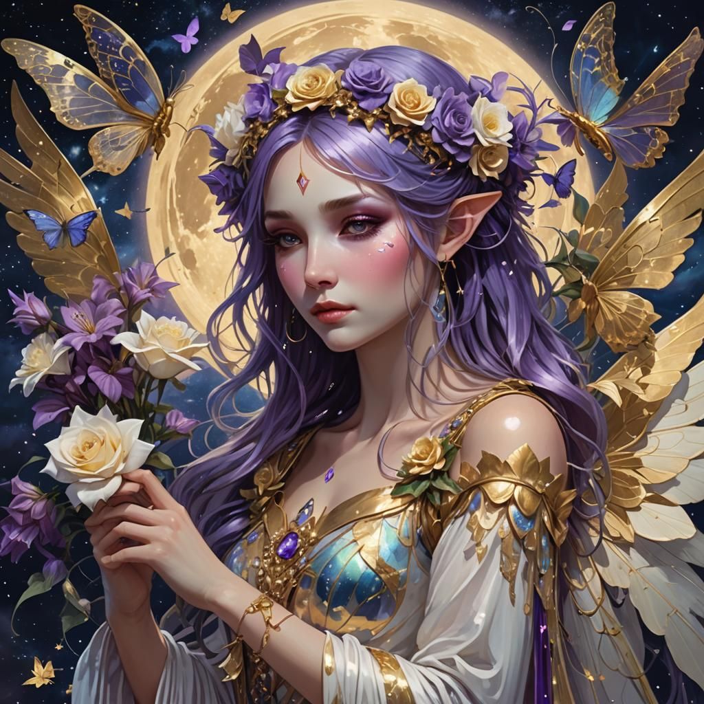 weeping fairy with iridescent   large wings wearing gold and...