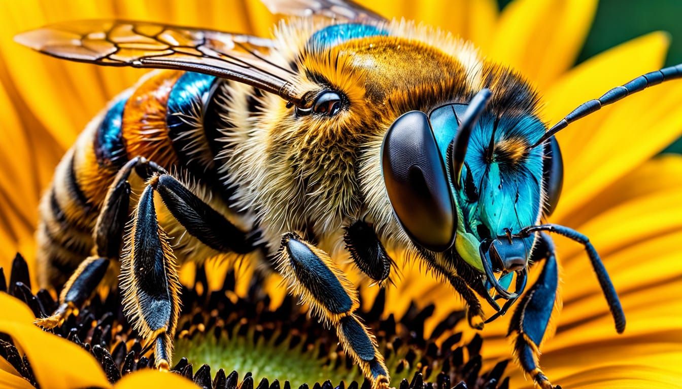 Detailed bee perches on a sunflower, colorful bronze and honey contours  by @Hugo Raul