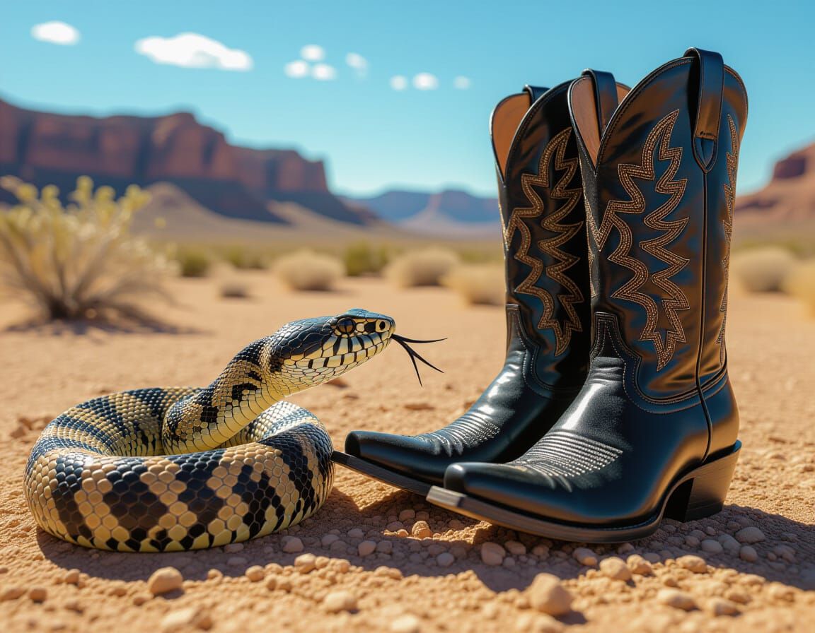 Highly detailed image of a rattle snake poised to strike a pair of boots