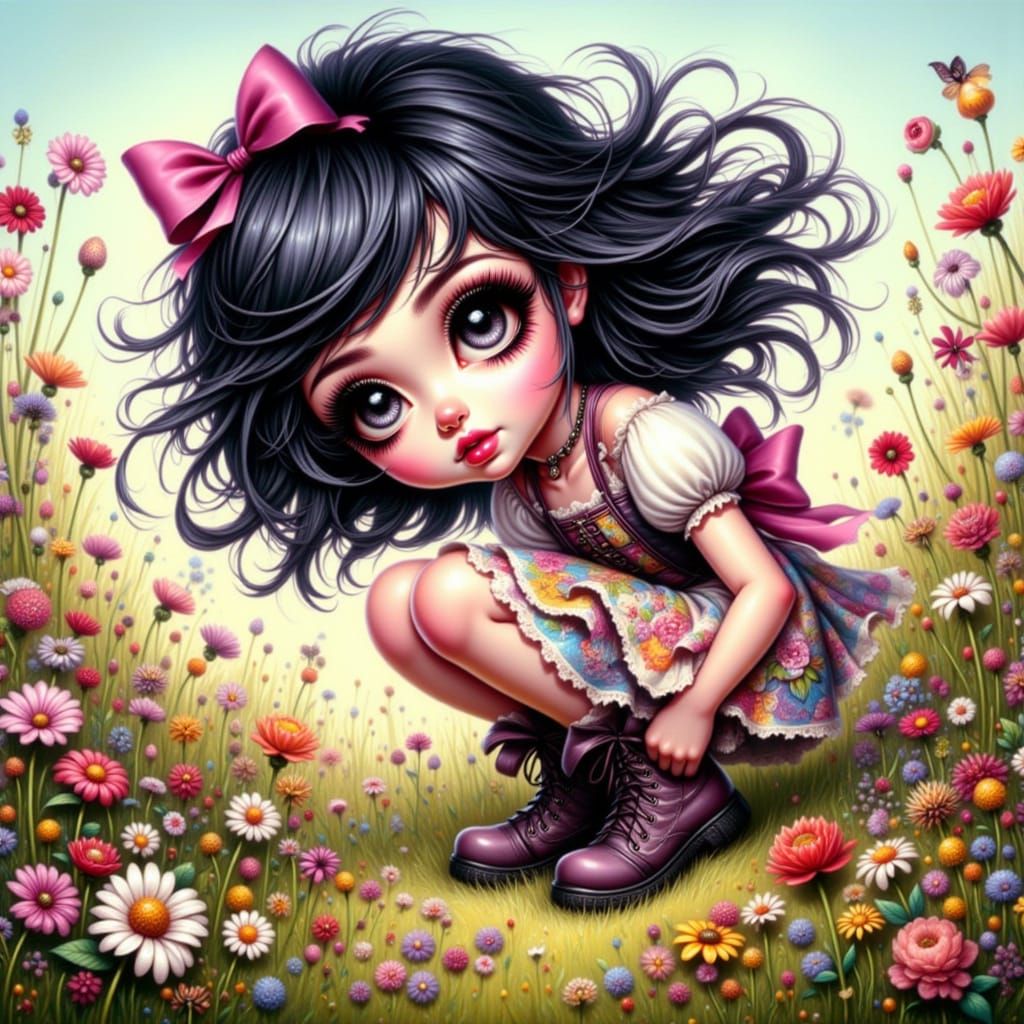 A whimsical illustration young girl crouches playfully in a flower-filled meadow, her wild black hair dancing in the breeze. Her dark gray ...
