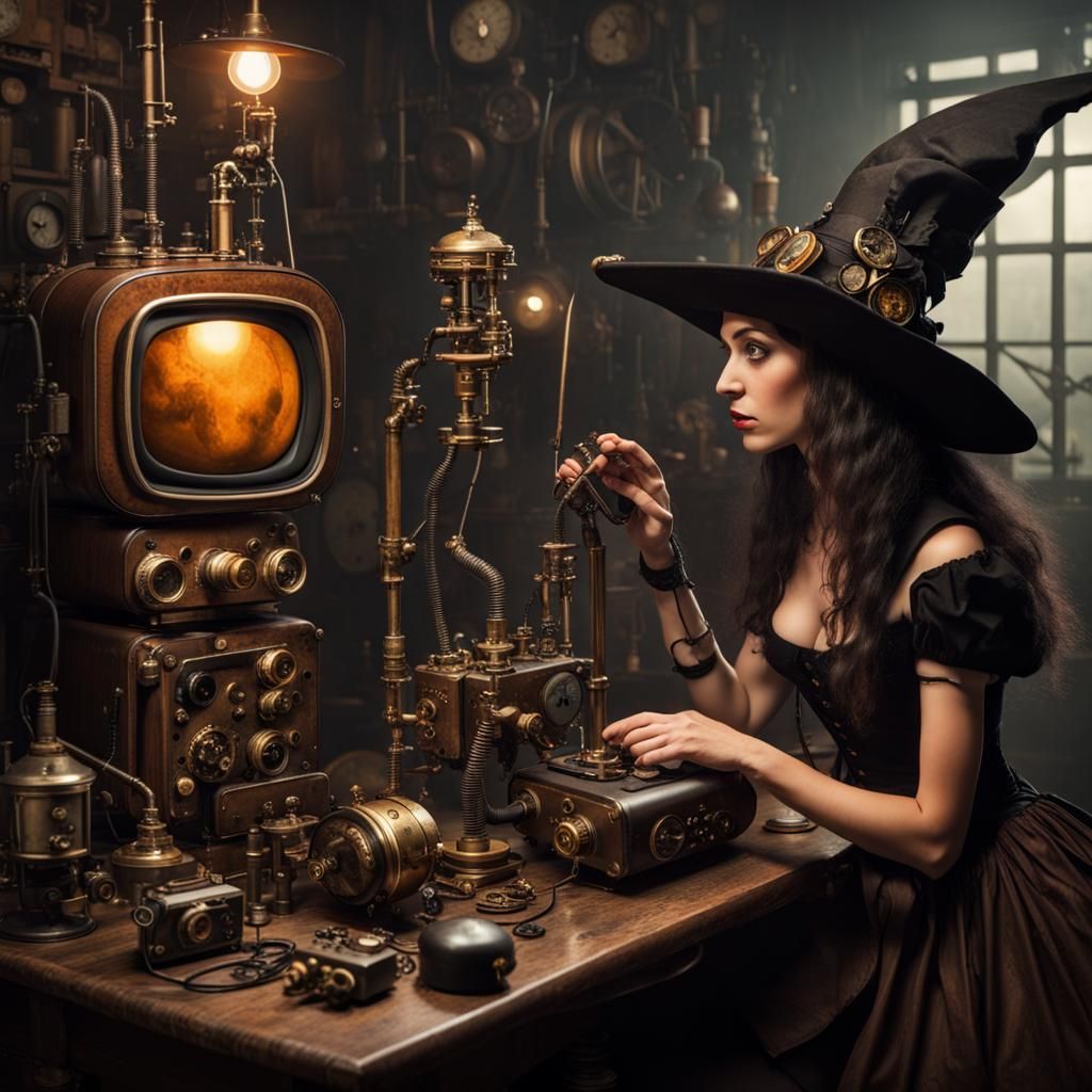 a young witch talks to various old steampunk-style TV devices over a table made wiht fungii  by @Jorge Ramirez