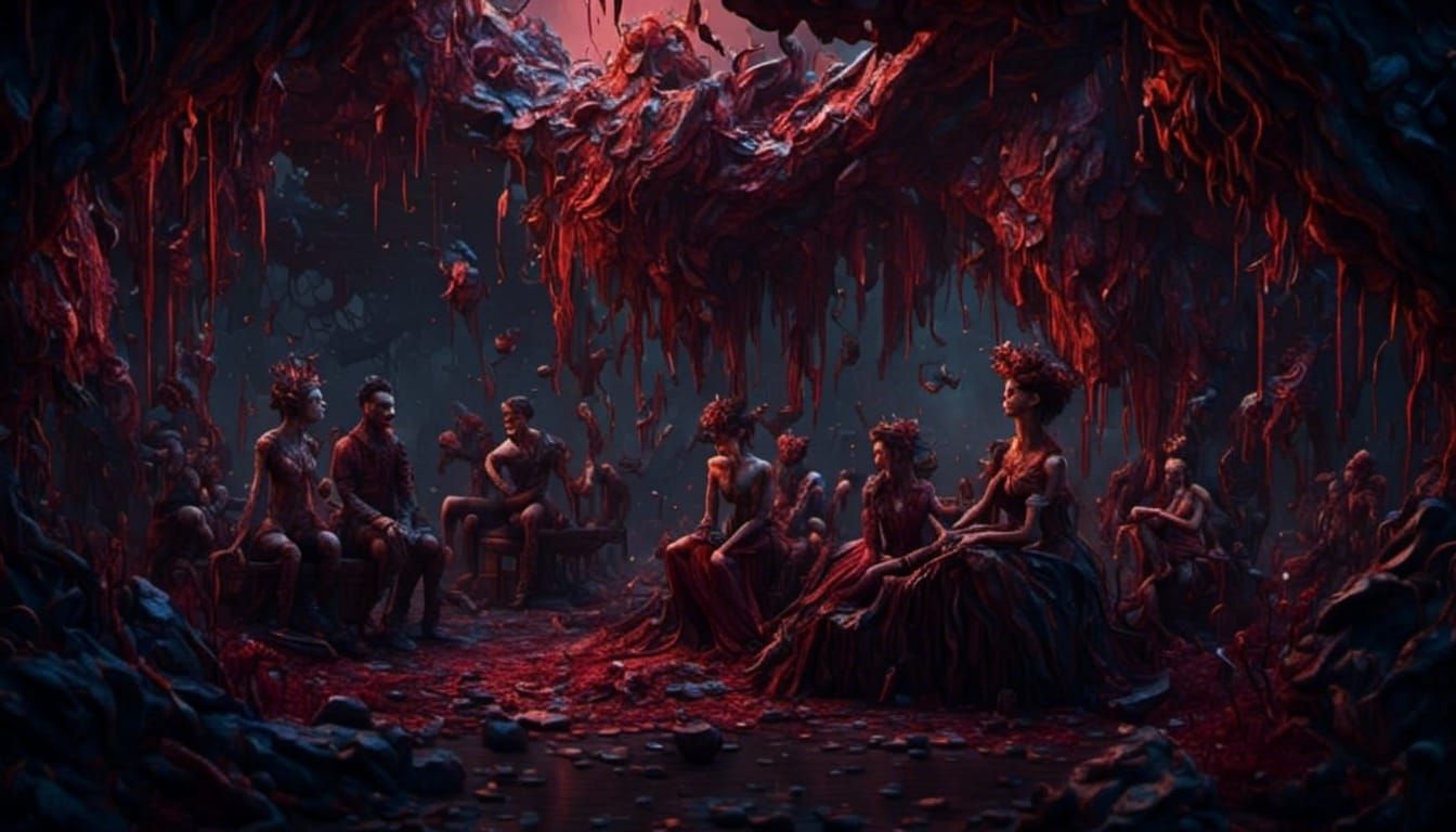 <lora:Duality:1.0> death poets as zombies sitting around