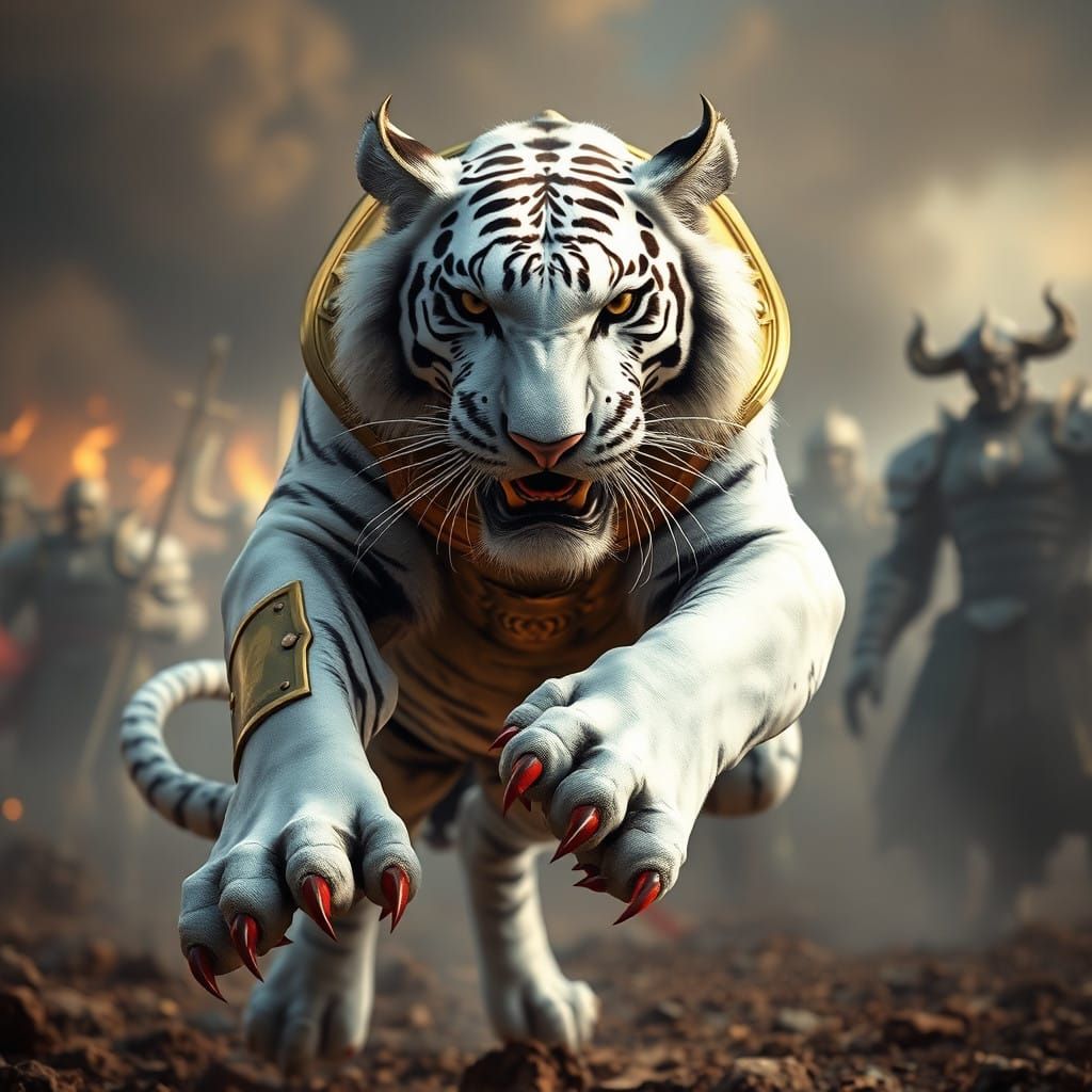 A Muscular white Tiger with Gold plate armour jumps towars the viewer,claws are bloody red,full body ...  by @Aadje56 