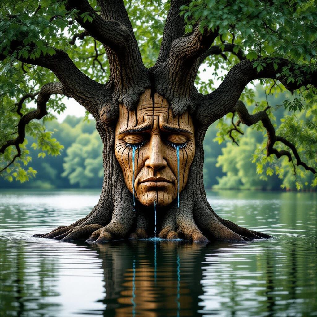 Ancient Oak Tree With Face Cries Tears Forming a Lake