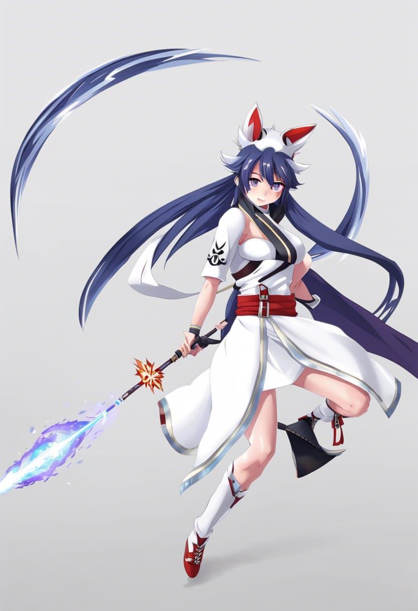 A flat chested ninja girl kitsune  throwing fire coated shur...