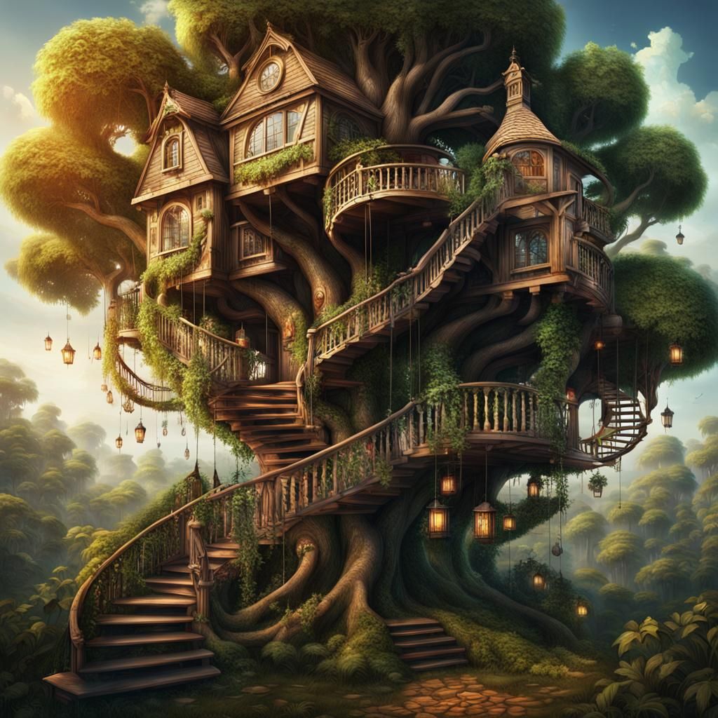spectacular hyperdetailed treehouse with lots of different s...