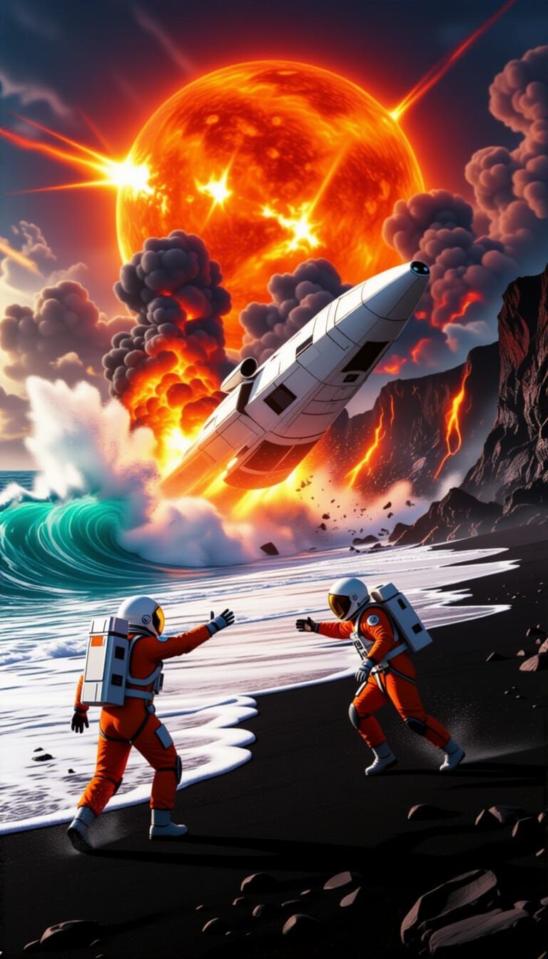 A cinematic animation of two astronauts in detailed orange spacesuits standing on a jagged obsidian beach amid crashing turquoise waves: the...