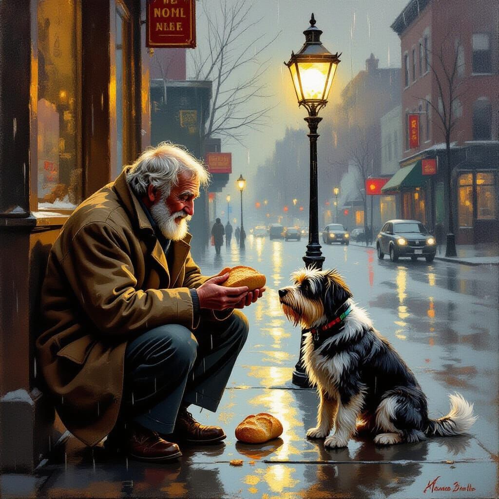 A weathered old man with kind eyes shares his meager bread with a stray, scruffy dog on a cold, rainy ...  by @Shelly
