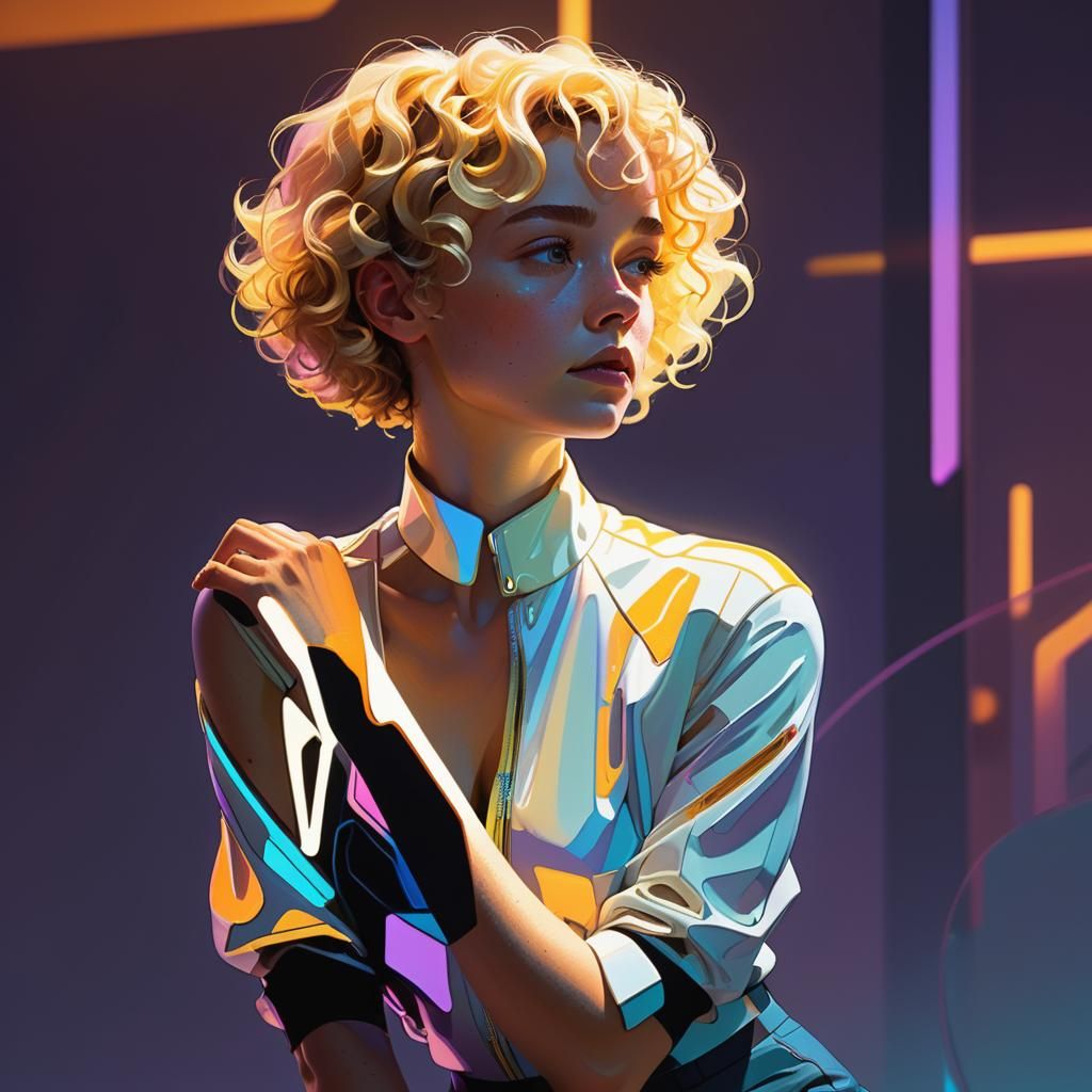 A very beautiful woman with short curly blond hair. She is i...