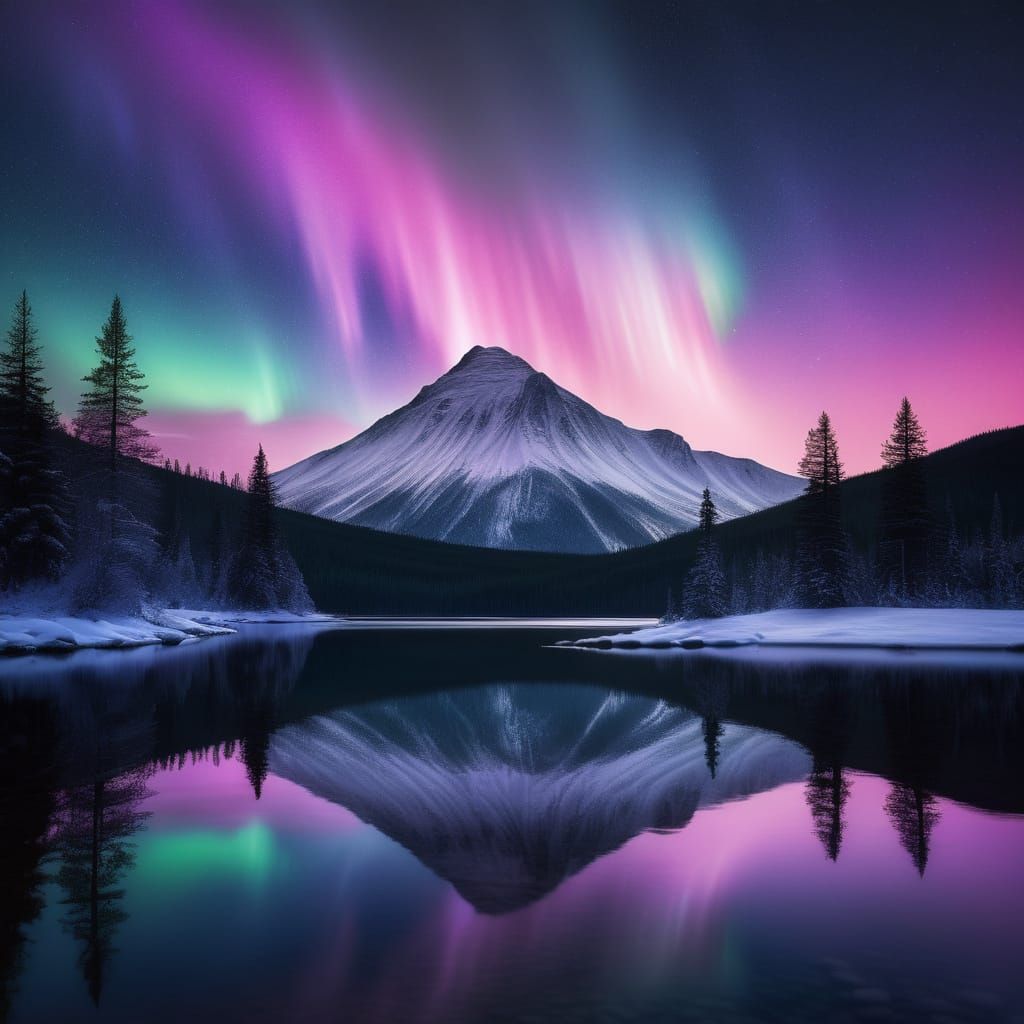 mountain peak glowing under a pink and turquoise aurora  by @mgafner