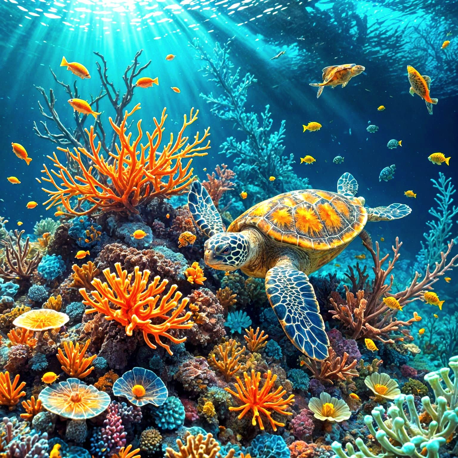 A vibrant coral reef teeming with fish, foreground hawksbill sea turtle with visually appealing patterned  by @Peregrine Falconer