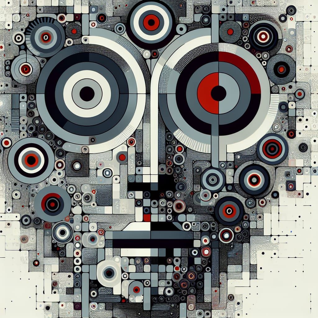 Fragmented Face with Ring Eyes in Grey Shades