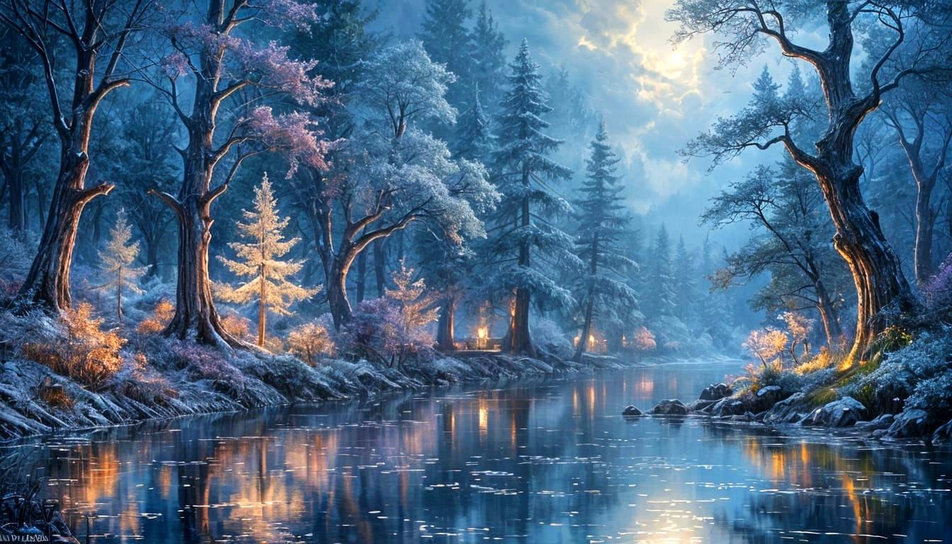 Vibrant wet inks, dreamy landscape, white fire trees, reflective lake, grey lacy figures, deep blue canvas, ...  by @Carlos