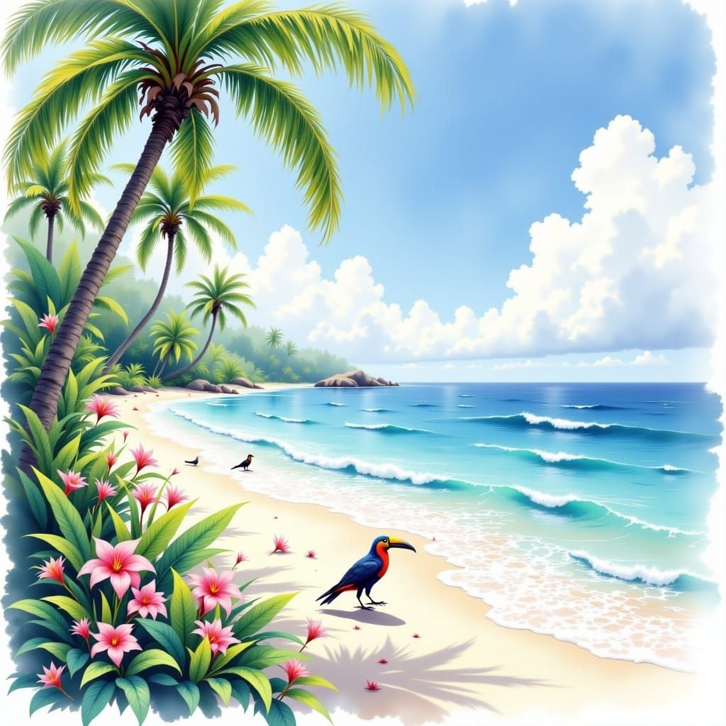 In Claude Monet style. Epic view of a white sand tropical beach biome with a large tropical bird present. Watercolor. <lora:Watercolor world...