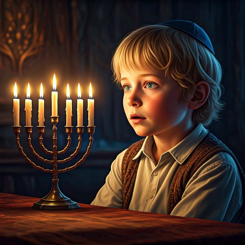 Young Chassidic Boy Contemplates Chanukiah in a Dreamlike Wo...