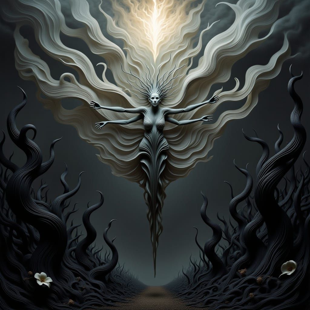 <lora:Organic Macabre Flux:1.0> A haunting and surreal image captures the moment of an ethereal figure, floating upwards toward a turbulent,...