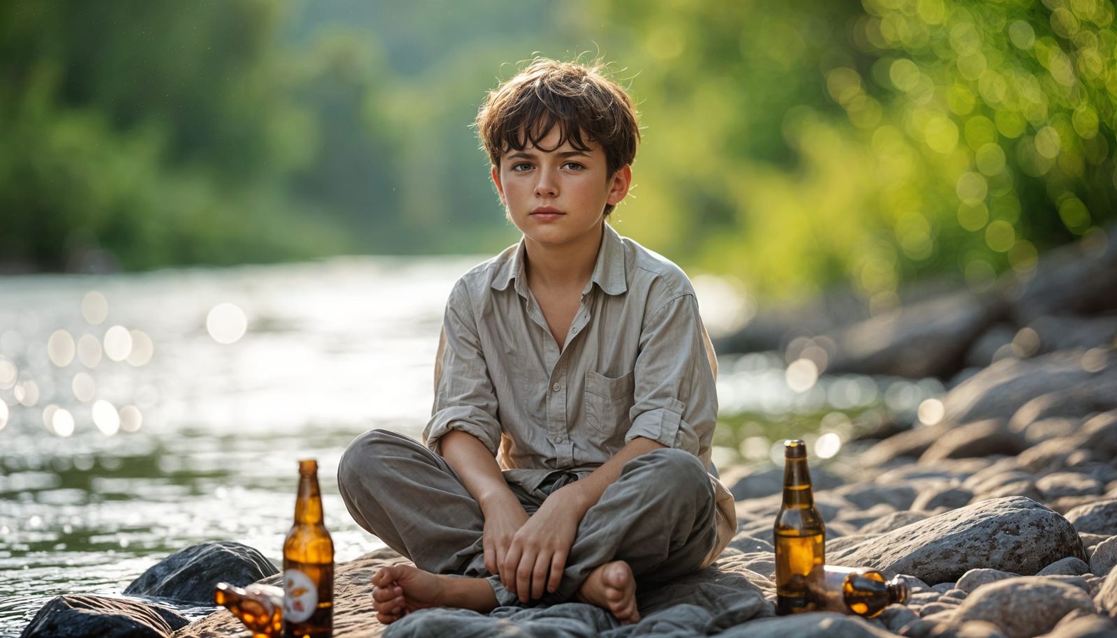 Poignant Portrait of Boy by River with Bottles