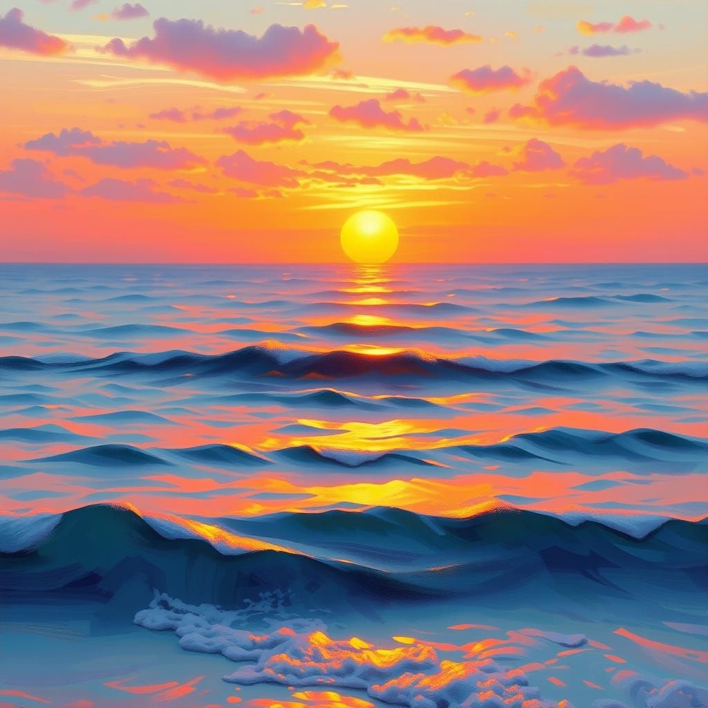 Golden Sunset Ocean Scene in Impressionist Style