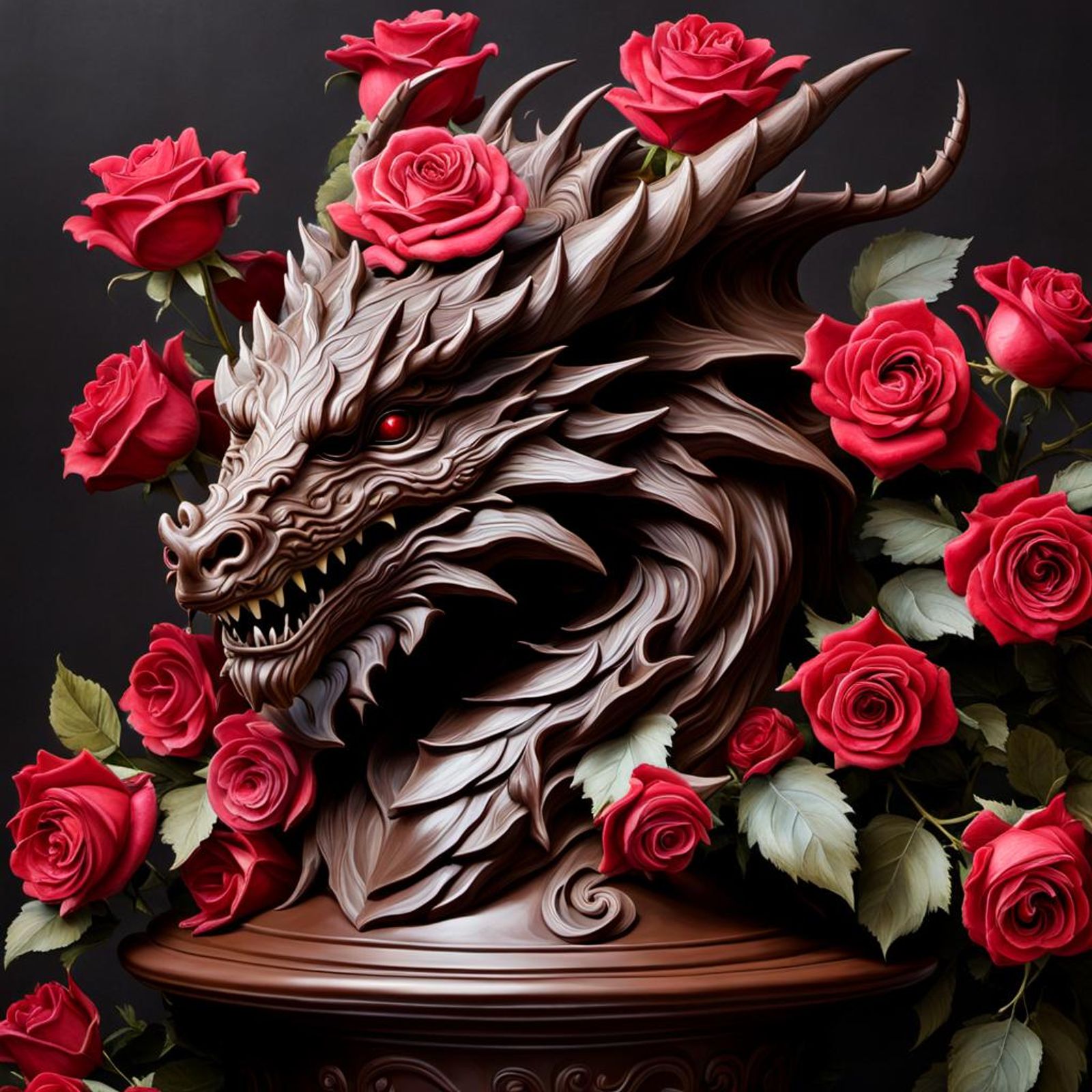 chocolate dragon bust with roses - AI Generated Artwork - NightCafe Creator