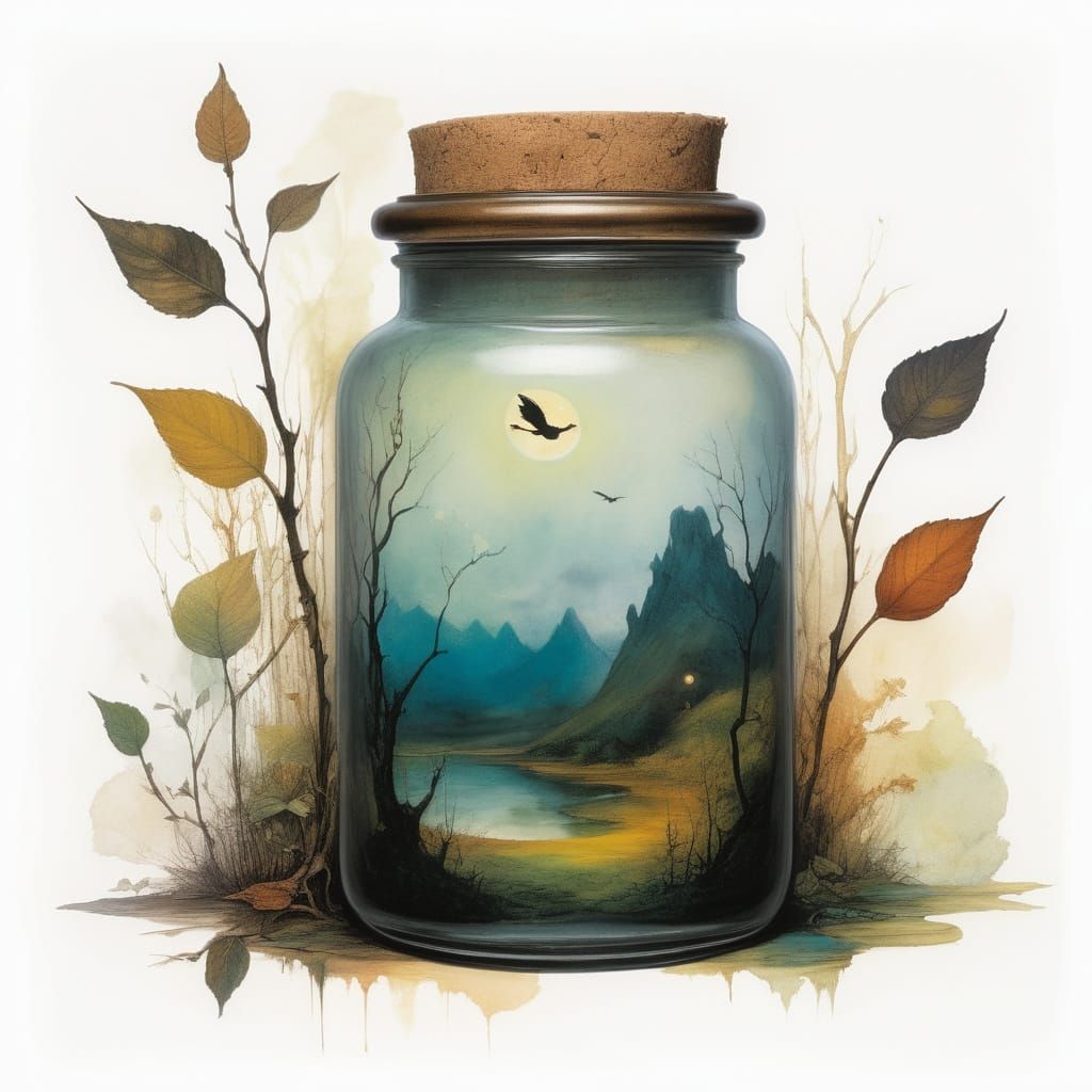 Whimsical Miniature World in Antique Glass Jar