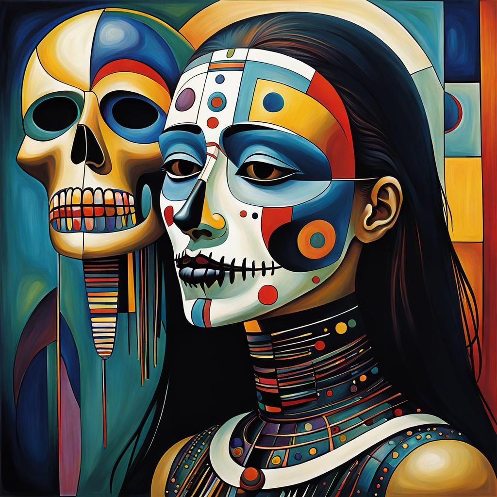 Girl with death mask (She plays alone) style Kandinsky AI Generated