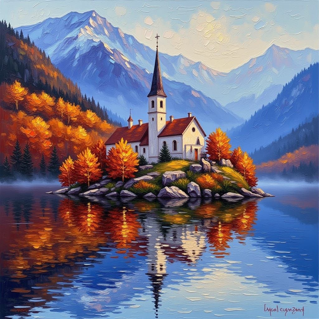 <lora:Impression Impasto:1.0> Lake Bled, Slovenia — island church in fiery fall foliage, painterly light effects, thick layered oils.