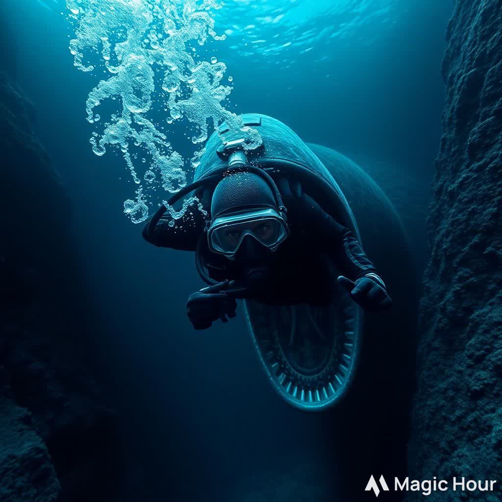 Scary thalassophobia creation of a scuba diver wearing indes...