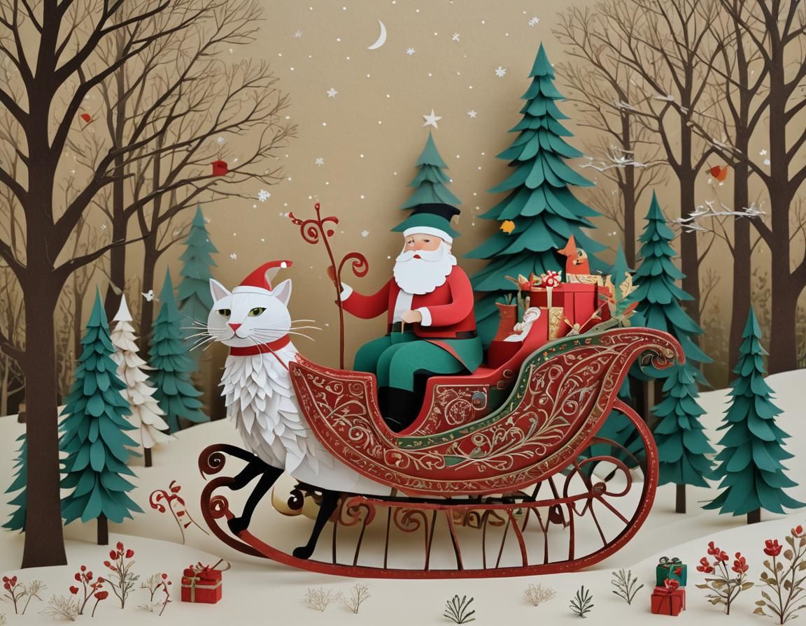 Cat and Santa riding in the Sleigh , Paper cuting