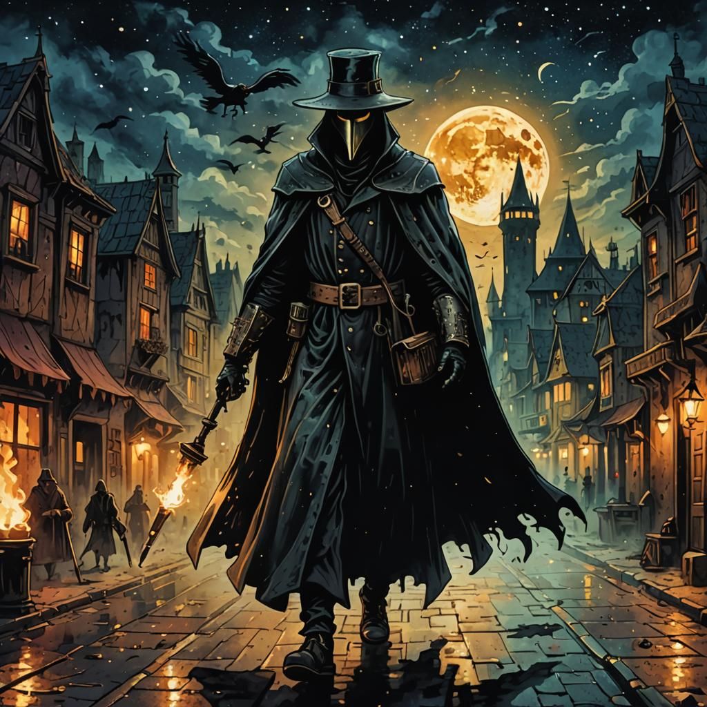 plague doctor walking the streets of a plague-infested  by @Angelika