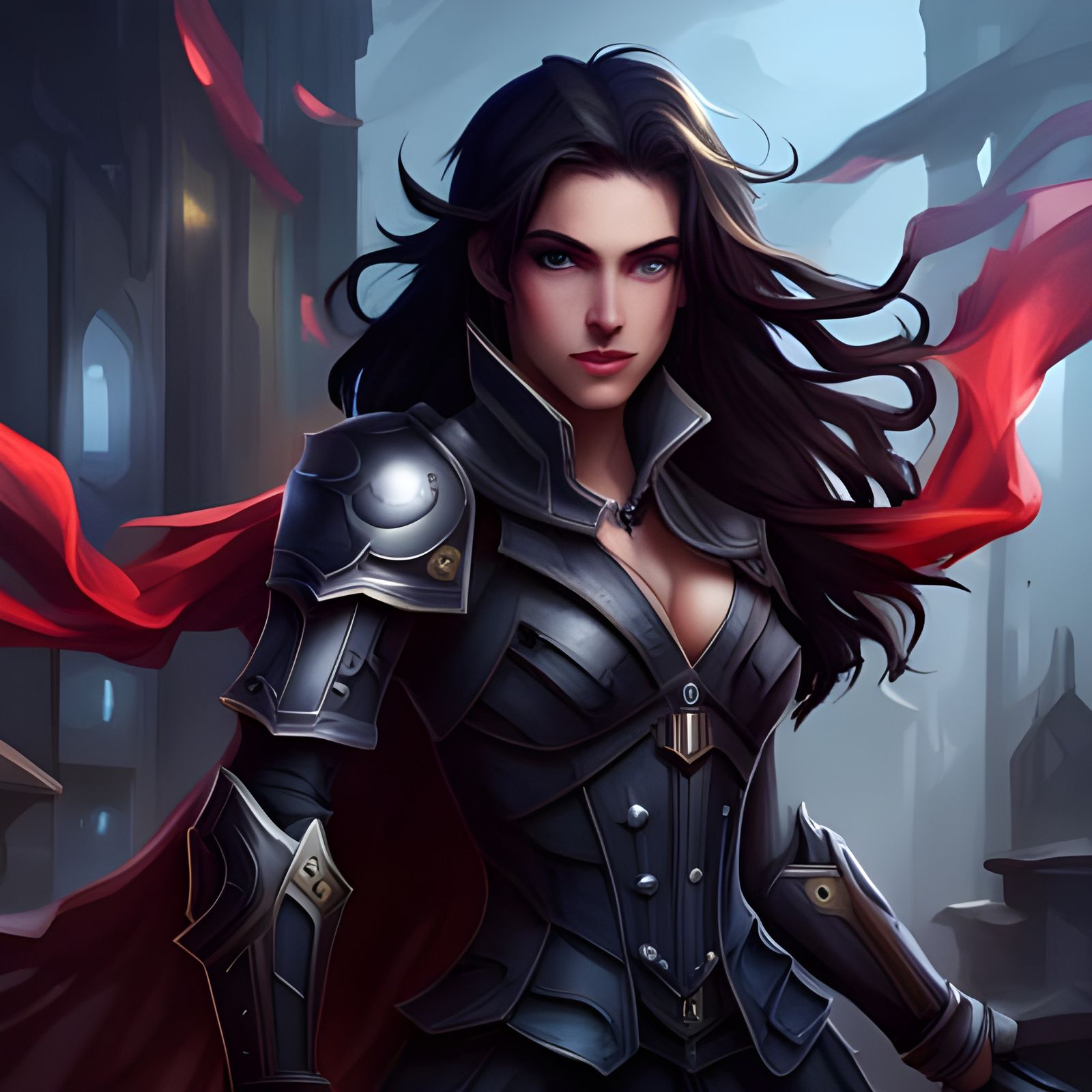 female knight, black corset armor red hood, long black hair