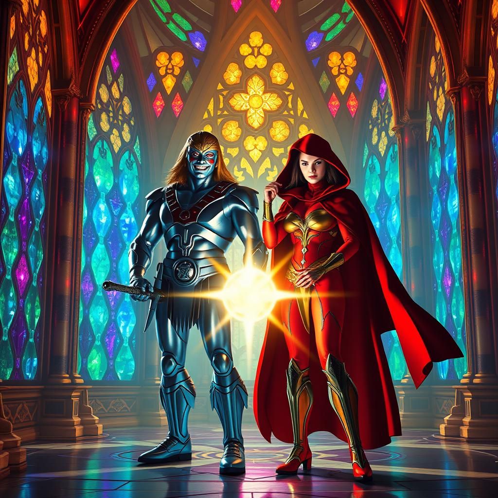 He-Man and his girlfriend Scarlet Witch are holding a glowin...