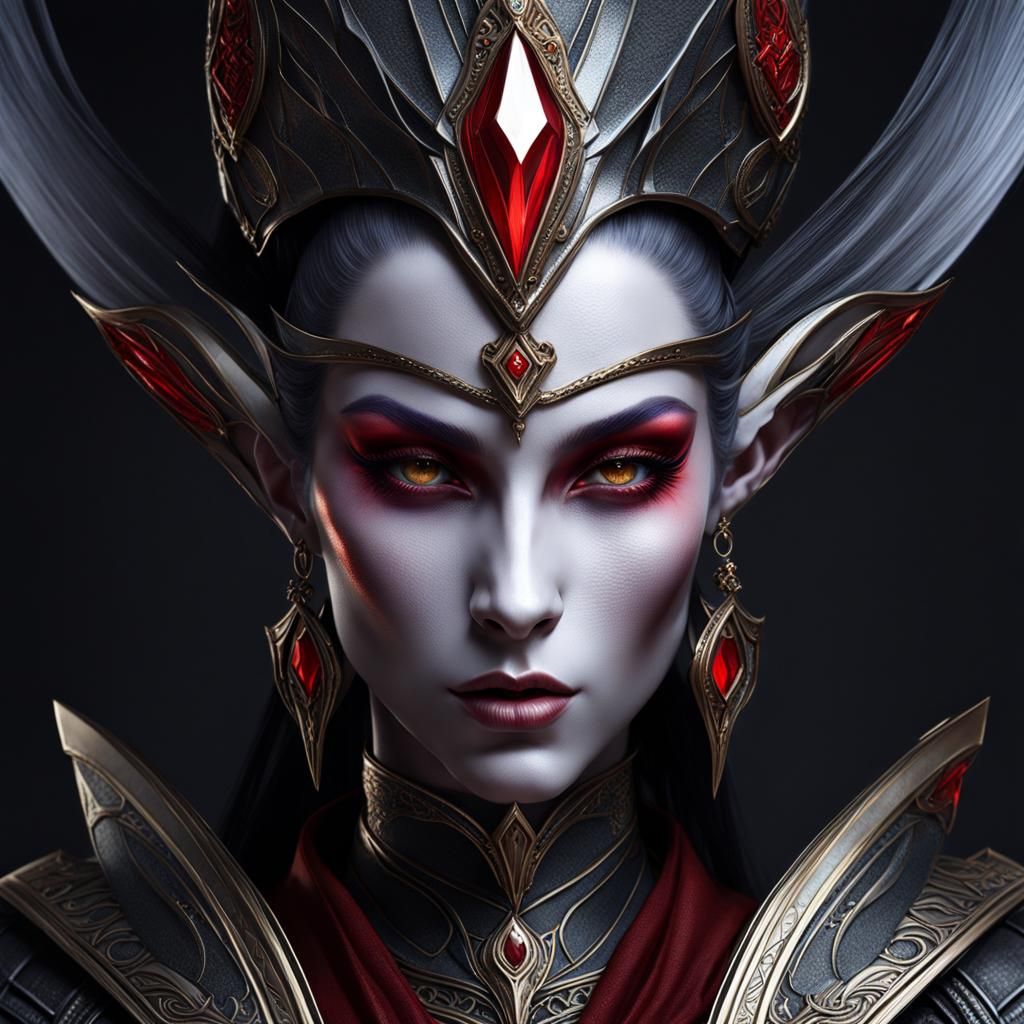 Female dark elf with gray pale skin and red sclera and iris