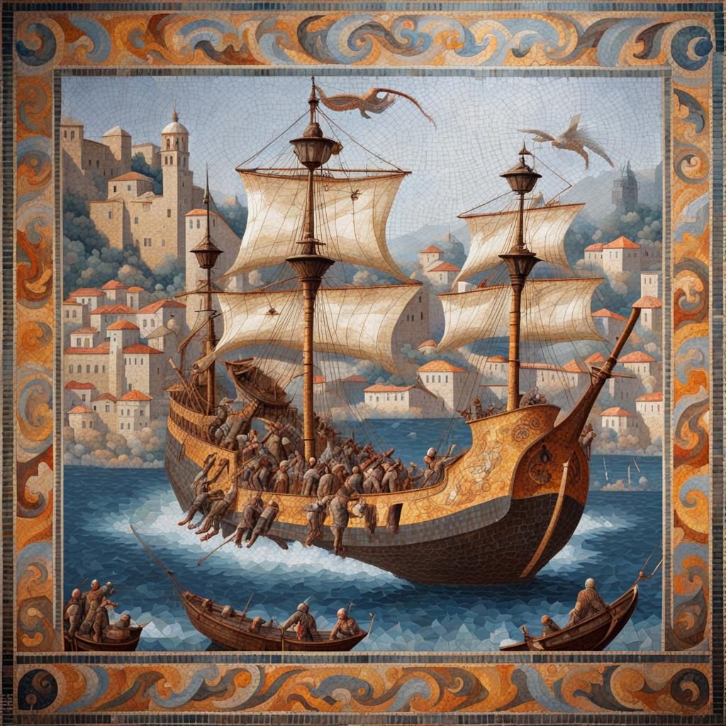a mosaic fresco representing the attack of the craken, brigh...