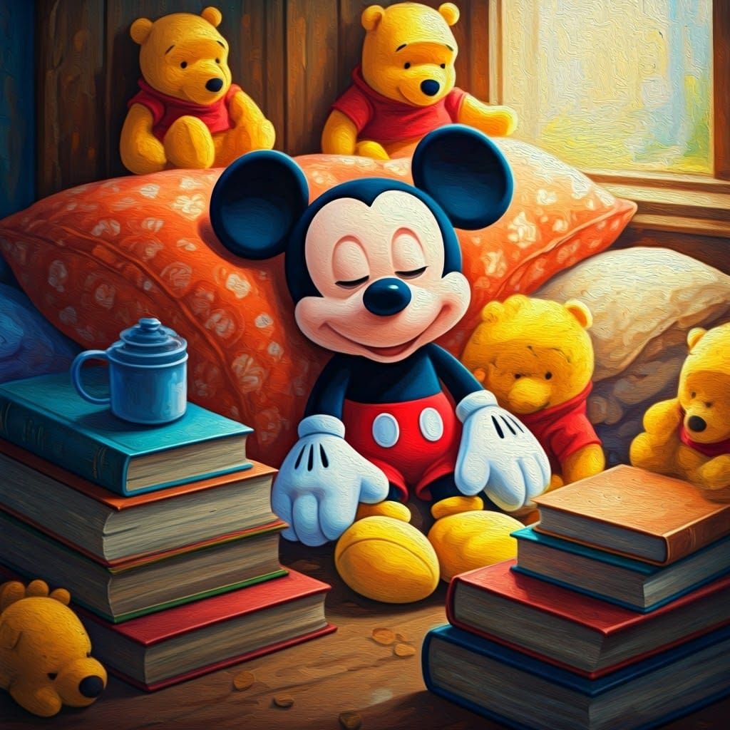 Mickey Mouse Toy Surrounded by Winnie the Pooh Plush Toys in...