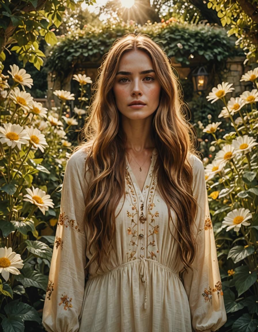 a (((young woman with brown eyes))), her hair flowing in long ...