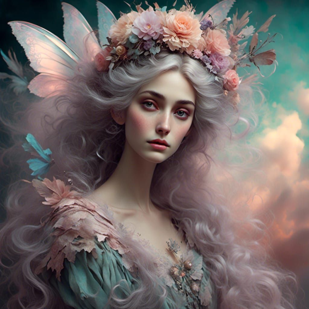 <lora:Victorian Watercolor:1.0> fairy Impossibly beautiful with Smokey wispy hair softly disappating by Amy Brown and Anna dittman and Amand...