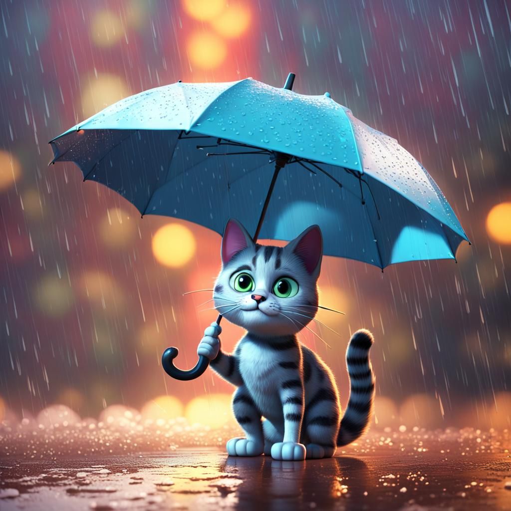 cartoon cat in the rain under an umbrella