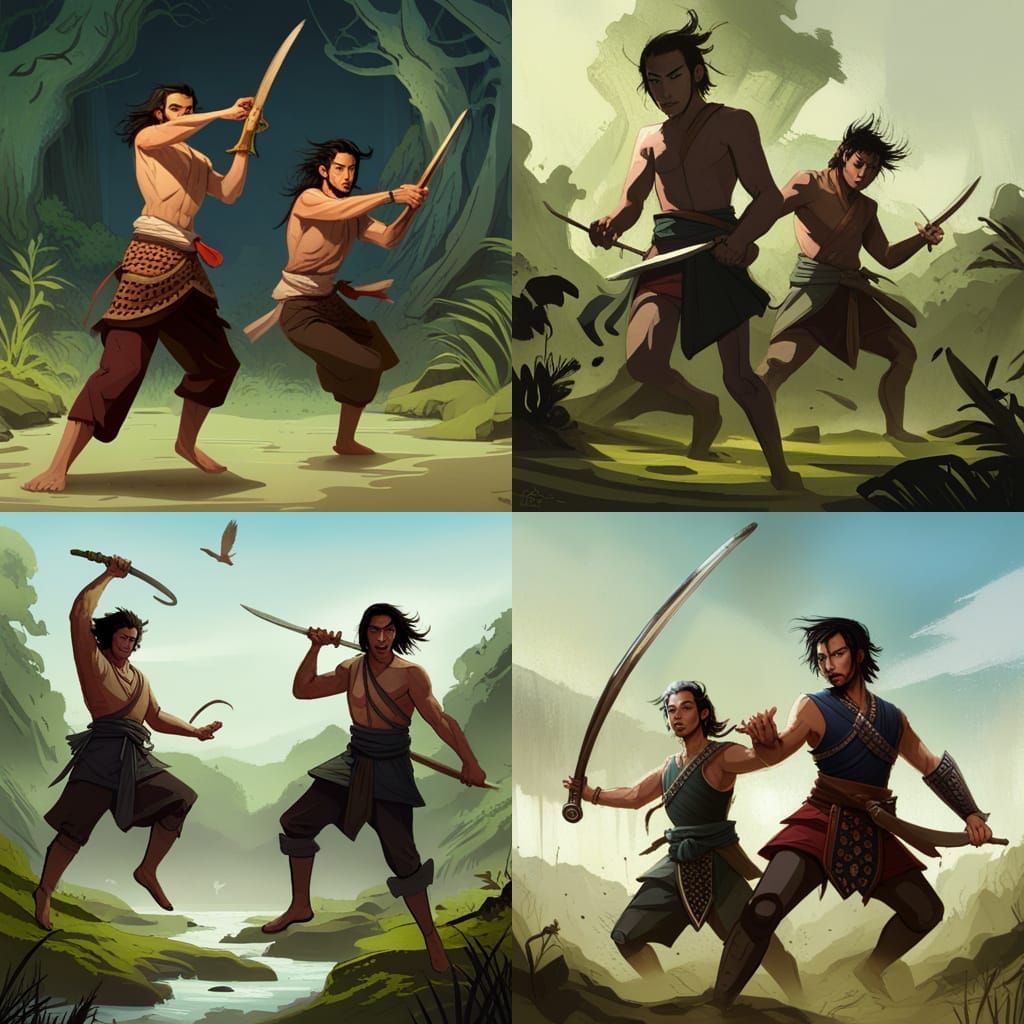2 ANCIENT JAVANESE men fighting, jumping with the short swor...