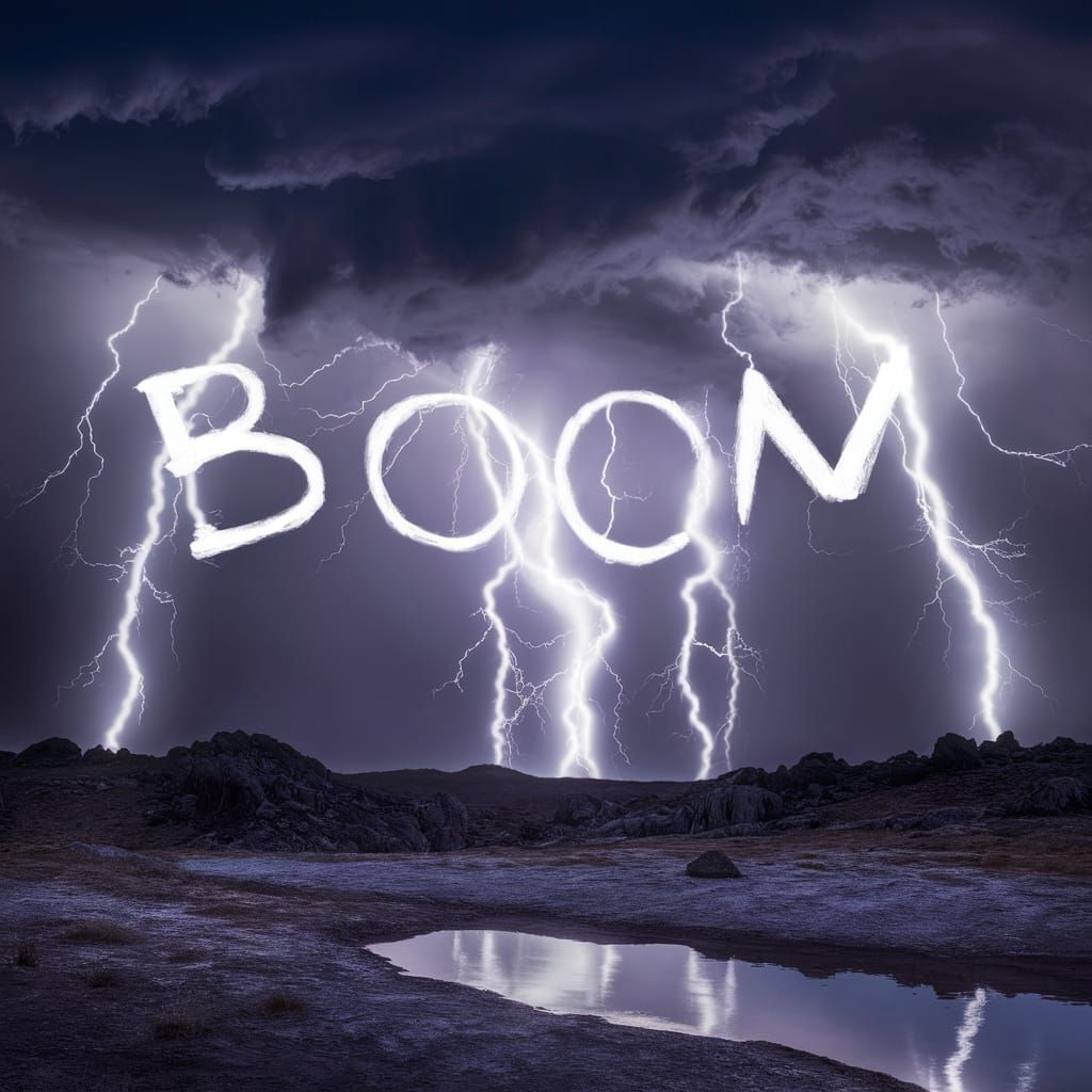 A dramatic landscape with a thunderstorm in the sky. The sky is filled with dark clouds and lightning bolts. The lightning bolts spell out "...